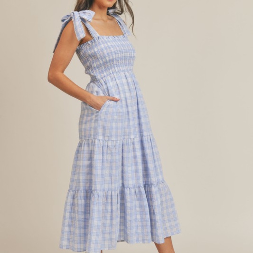 TIERED BLUE PLAID MIDI DRESS WITH LACE TRIM SIZE S M L